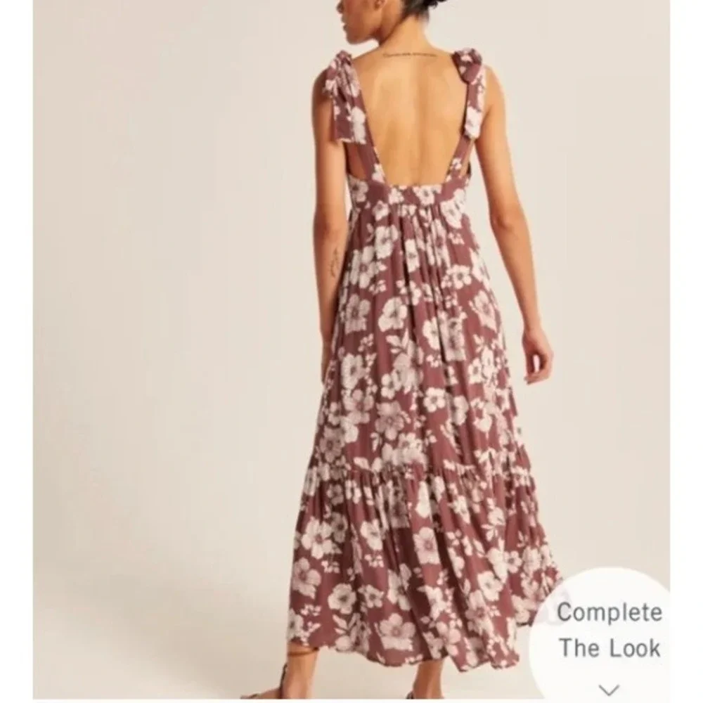 Abercrombie & Fitch Floral Maxi Dress Tie Strap Rust Brown White Tiered M Petite